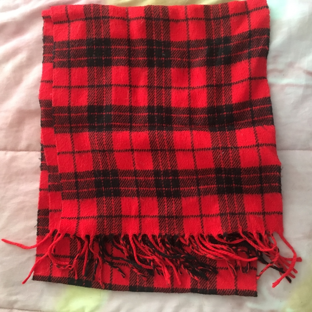 Red black tartan wool blend scarf